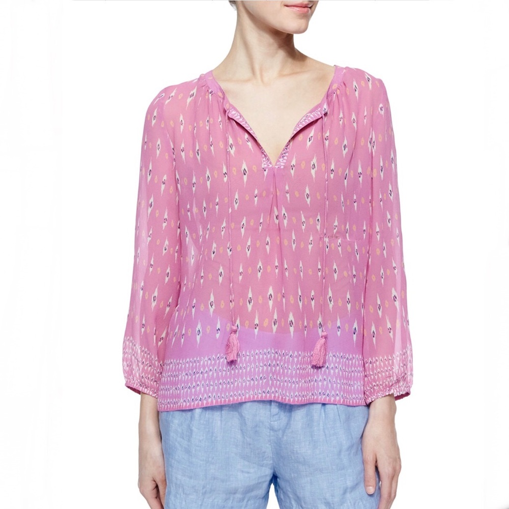 Joie Auberon Long-Sleeve Ikat-Print Sheer Blouse S